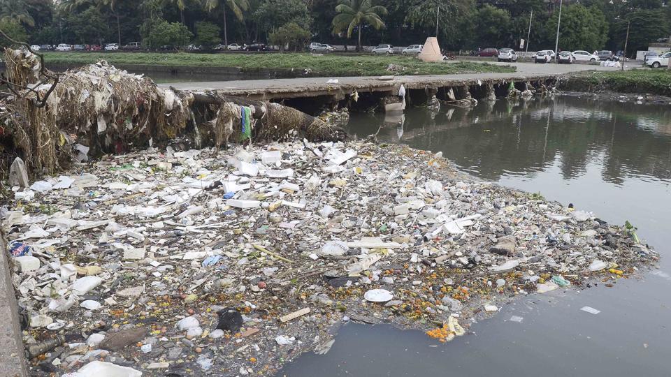 Solid debris blocks natural flow of Mutha River in Pune